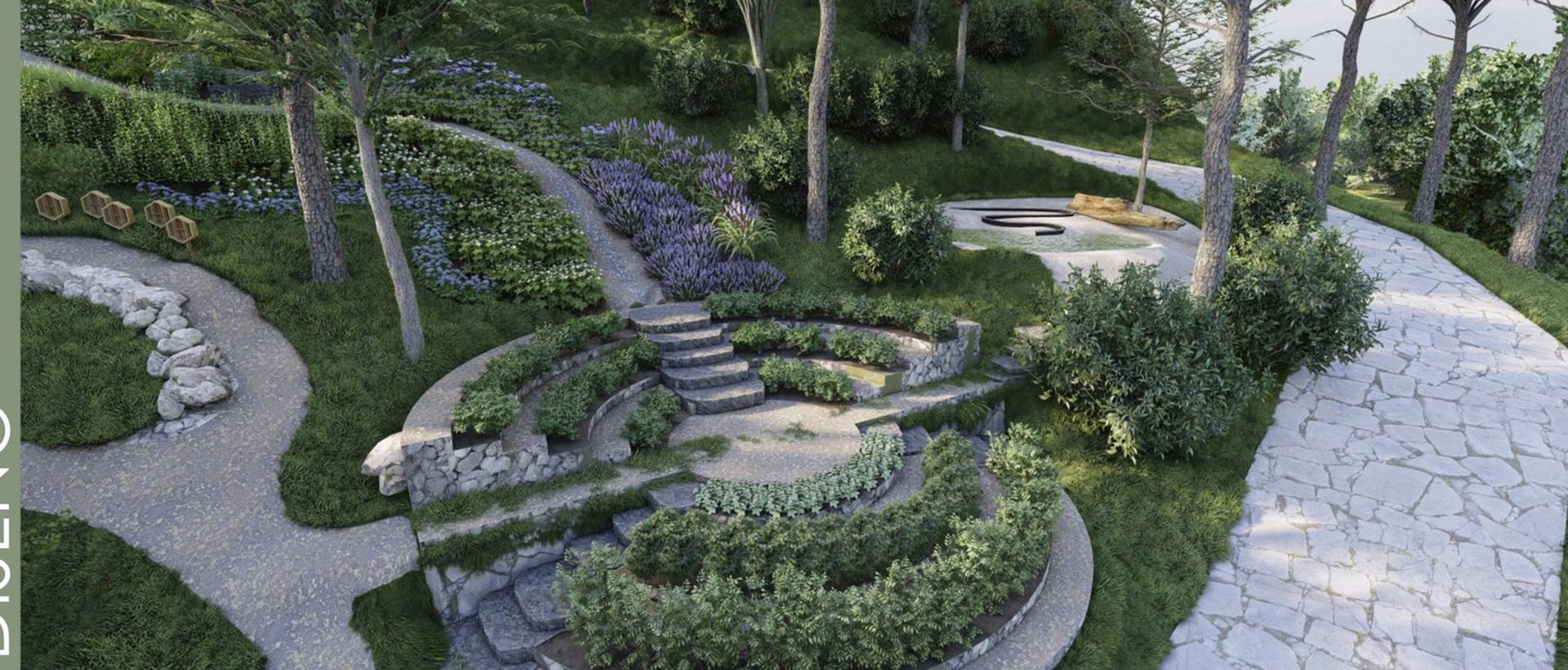 Sendero de diseño entre árboles, proyecto ConceptoQ en Valle de Bravo