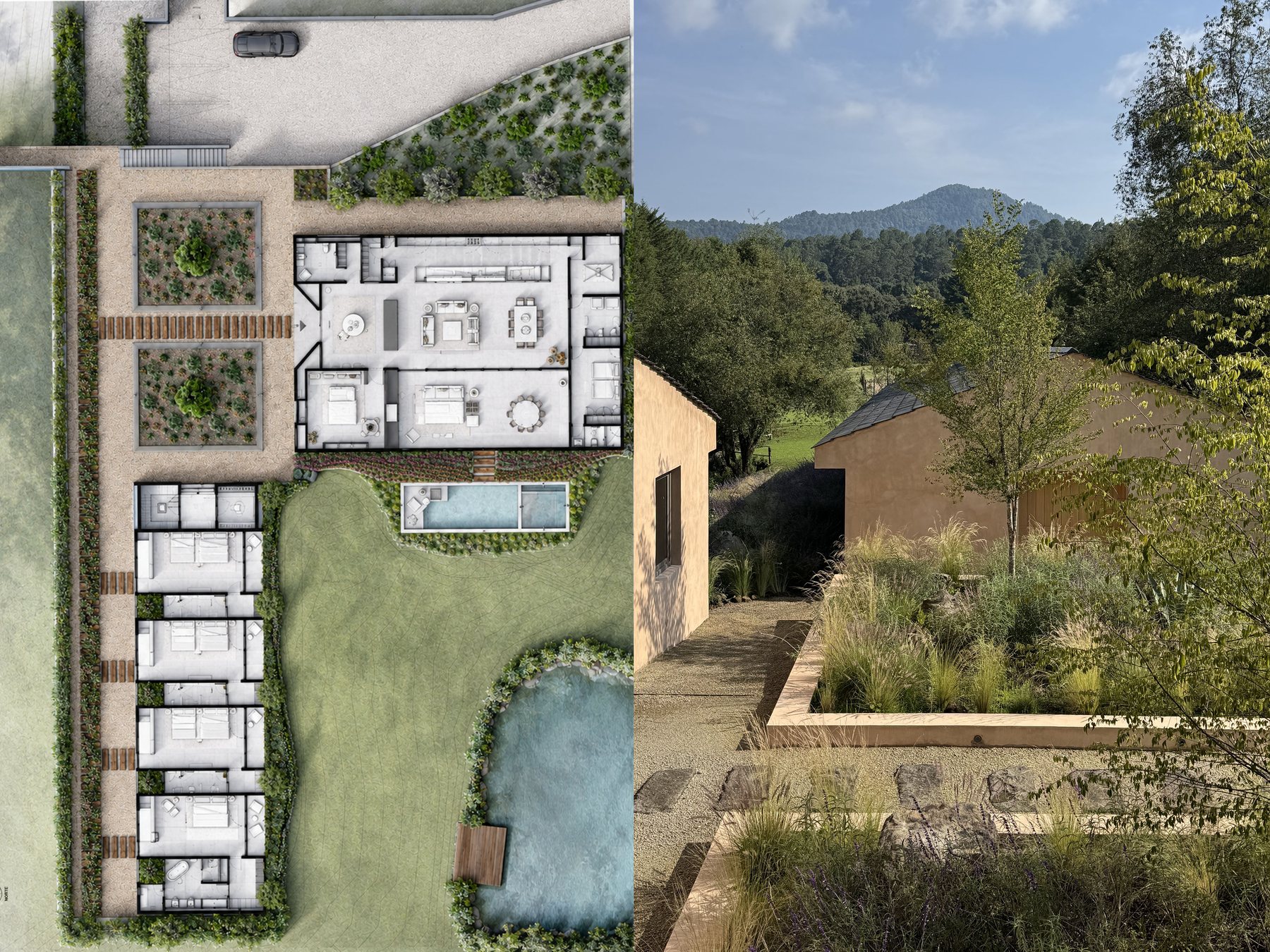 Render del jardín antes de la obra — planta y vista del proyecto